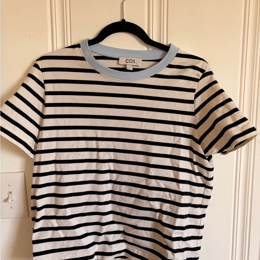 COS White and Black Striped Short Sleeve Tee with Light Blue Trim